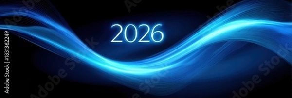 Fototapeta Blue glowing 2026 with swirling light trails on dark background