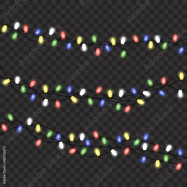 Fototapeta Image with Christmas lights isolated on transparent background. Vector illustration of glowing lights for Xmas holiday. Set of Christmas decorations. Set of color garlands. Realistic design elements.