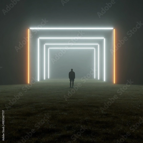 Fototapeta Lone figure walks through a glowing futuristic tunnel of light