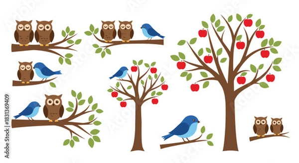 Fototapeta A cute collection of cartoon owls and blue birds perched on tree branches and in apple trees isolated on a white background.