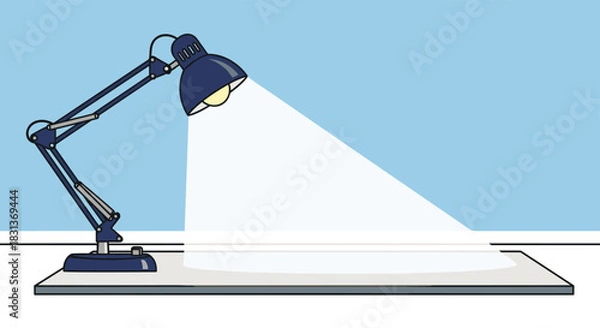 Obraz A classic articulated blue desk lamp or anglepoise lamp shining a bright cone of light onto an empty desk surface for study.