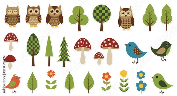 Fototapeta A delightful collection of cute woodland and forest themed sticker illustrations with owls birds mushrooms trees and flowers.