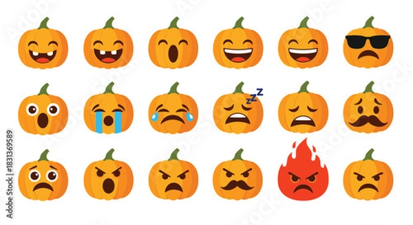 Obraz A large collection of expressive Halloween pumpkin cartoon characters and emojis with a wide variety of funny and spooky faces.