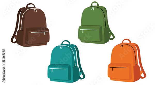 Fototapeta A collection of four colorful school backpacks or rucksacks in brown green teal and orange colors on a plain white background.