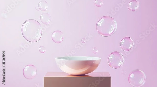 Fototapeta Pink bowl and flying bubble Abstract background texture.
