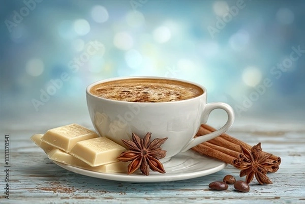 Fototapeta A white coffee cup with a white plate and a piece of chocolate on the side