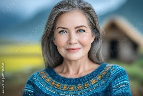Fototapeta A woman with blue and yellow sweater and blue eyes