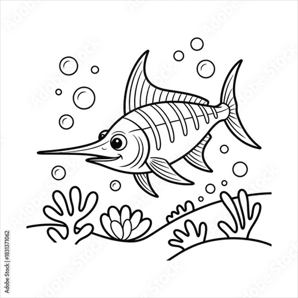 Fototapeta A cute smiling cartoon swordfish with coral on the ocean floor black and white vector line art for a children's coloring page illustration
