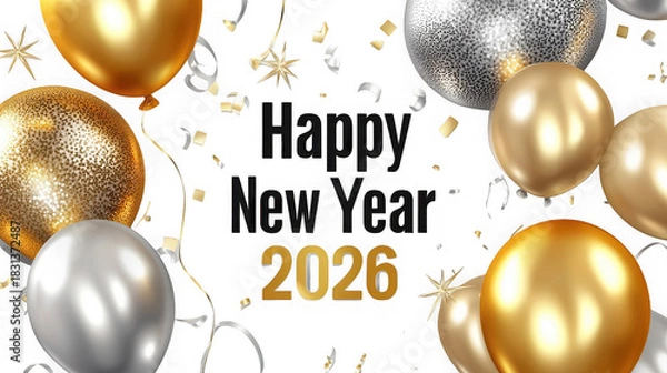 Fototapeta Happy new year celebration featuring balloons and confetti for the year two thousand and twenty six on transparent background