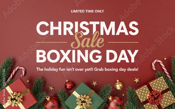 Fototapeta Christmas sale and boxing day advertisement with gifts on a red colored background