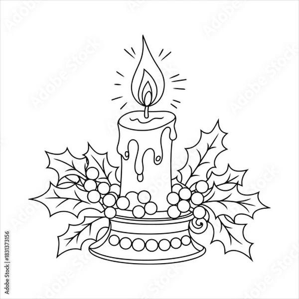Fototapeta Christmas Candle with Holly Leaves Vector Line Art Illustration