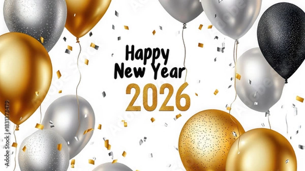 Fototapeta Festive new year celebration with gold and silver balloons and confetti on  on transparent background