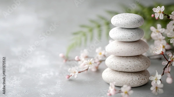 Fototapeta serene with stacked stone surround pink flowers, 3D Rendered Image	