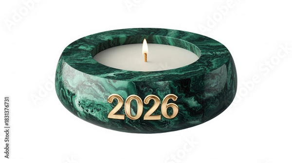 Fototapeta A green marble candle holder with a white candle and the year two thousand twenty six in gold letters on transparent background