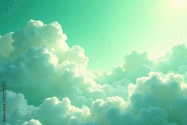 Fototapeta Dreamy, soft white clouds drift across an ethereal green sky , design element, texture, sky texture