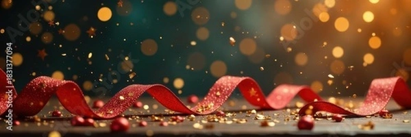 Obraz Golden confetti and zigzag ribbon cascade, festive tinsel streamers , sparkle, golden