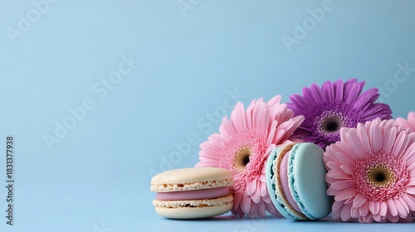 Fototapeta colorful macarons with candy sprinkles flower,  3D Rendered Image	
