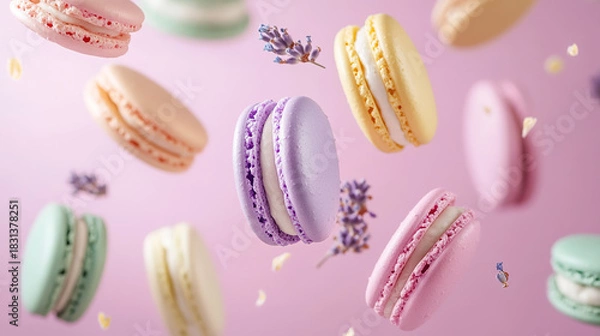 Fototapeta Floating colorful macarons with flower	