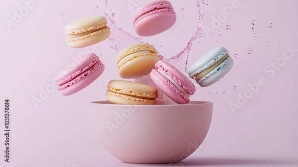 Fototapeta Floating colorful macarons with pink bowl