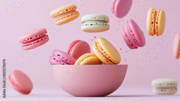 Fototapeta Floating colorful macarons with pink bowl