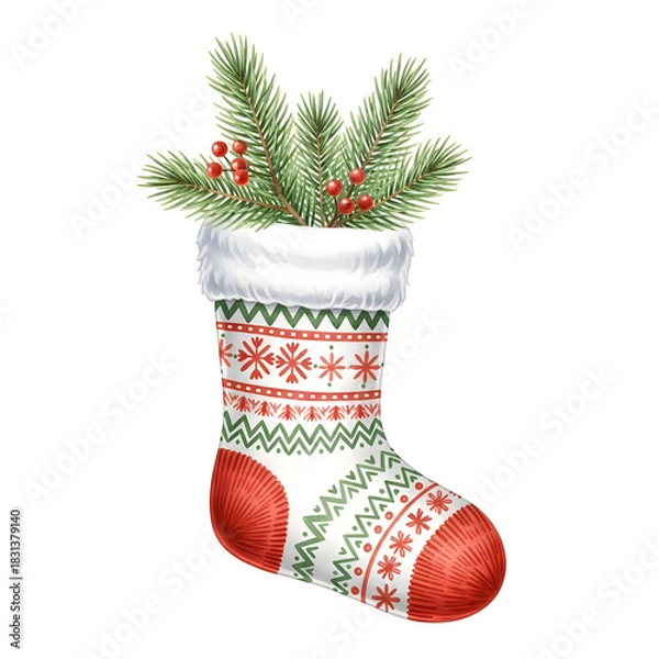 Fototapeta Festive Holiday Stocking with Pine Branches and Berries