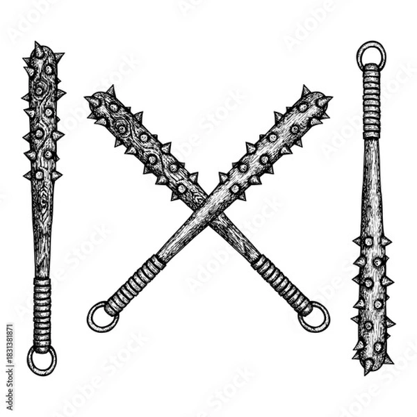 Obraz spiked bats, featuring rugged wooden textures and sharp metal spikes. The intricate linework emphasizes their handcrafted, medieval-inspired design, creating a bold and striking visual.