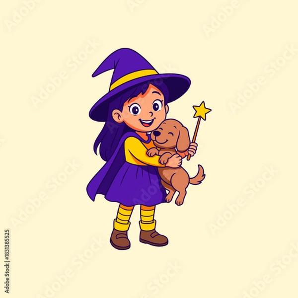 Obraz Illustration of a girl carrying a dog in a Halloween witch costume