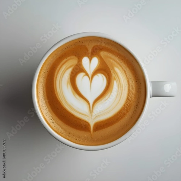 Obraz This close-up, top-down AI-generated image features a white ceramic cup filled with a perfectly prepared coffee.