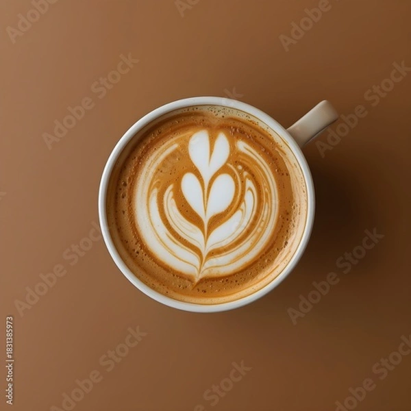 Obraz This close-up, top-down AI-generated image features a white ceramic cup filled with a perfectly prepared coffee.