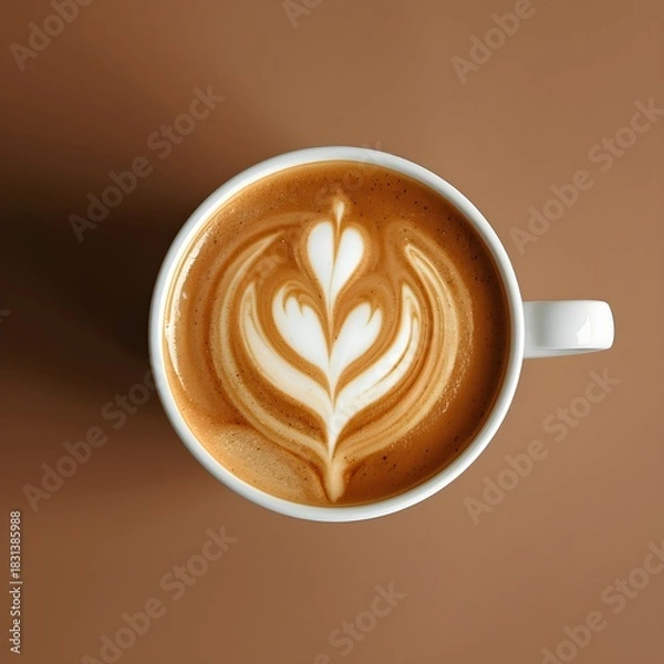 Obraz This close-up, top-down AI-generated image features a white ceramic cup filled with a perfectly prepared coffee.