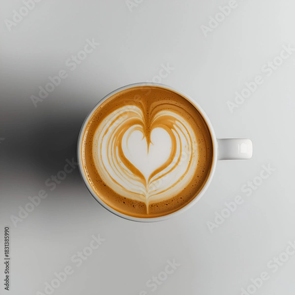 Obraz This close-up, top-down AI-generated image features a white ceramic cup filled with a perfectly prepared coffee.