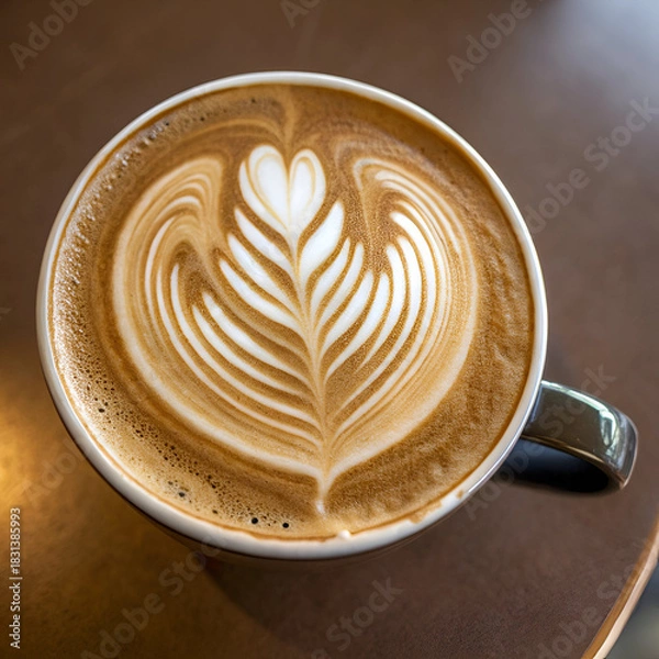 Obraz This close-up, top-down AI-generated image features a white ceramic cup filled with a perfectly prepared coffee.