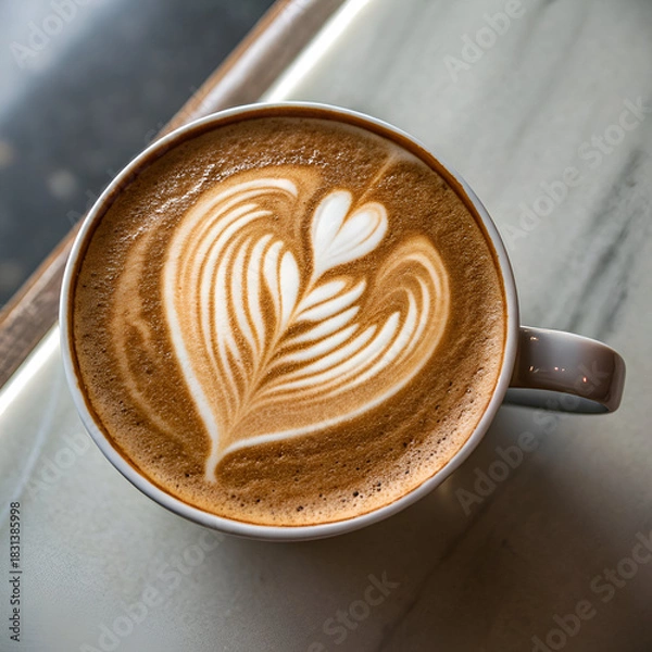 Obraz This close-up, top-down AI-generated image features a white ceramic cup filled with a perfectly prepared coffee.