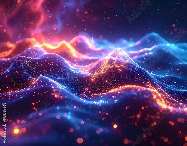 Obraz Digital rendering of glowing energy waves and floating particles in space