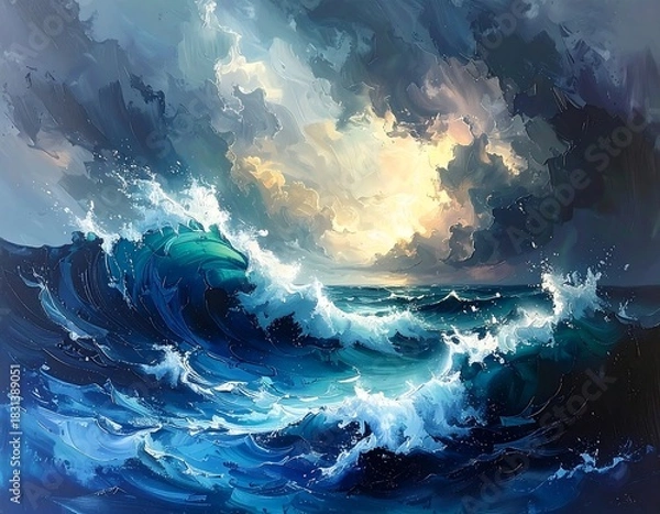 Fototapeta Dramatic oil painting depicts a powerful, stormy ocean scene