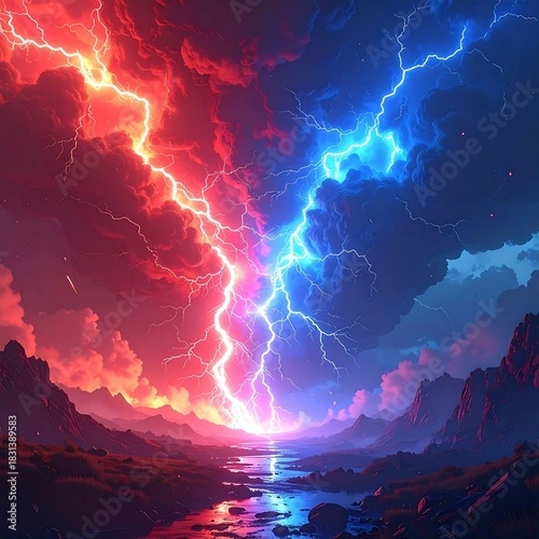 Obraz Dramatic landscape features two massive lightning strikes in clashing hues