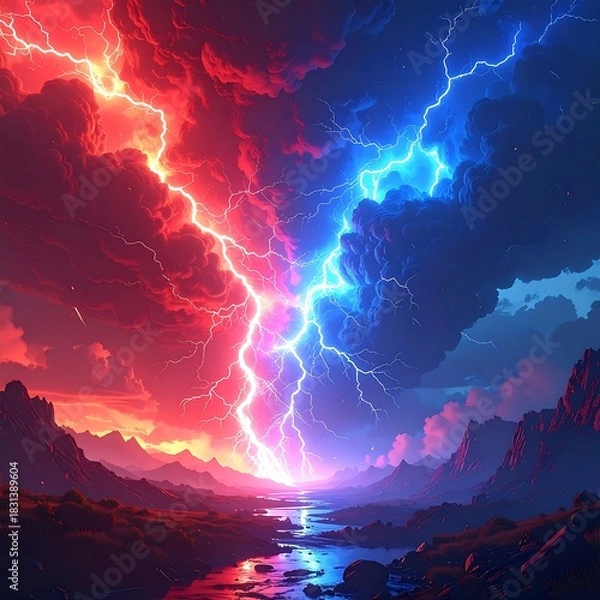 Obraz Dramatic landscape of lightning strikes, split into red and blue