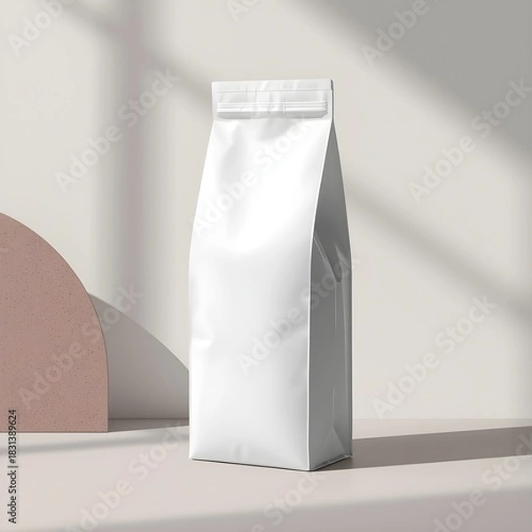 Obraz 
This AI-generated image is a clean, modern mockup featuring a tall, unmarked white stand-up pouch, commonly used for packaging products like milk powder or supplements.