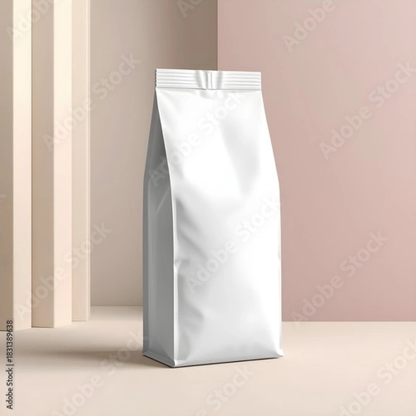 Obraz 
This AI-generated image is a clean, modern mockup featuring a tall, unmarked white stand-up pouch, commonly used for packaging products like milk powder or supplements.