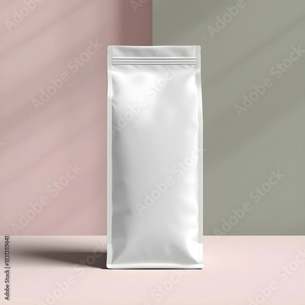 Obraz 
This AI-generated image is a clean, modern mockup featuring a tall, unmarked white stand-up pouch, commonly used for packaging products like milk powder or supplements.