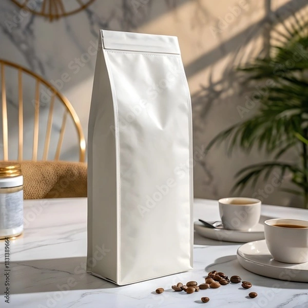 Obraz 
This AI-generated image is a clean, modern mockup featuring a tall, unmarked white stand-up pouch, commonly used for packaging products like milk powder or supplements.