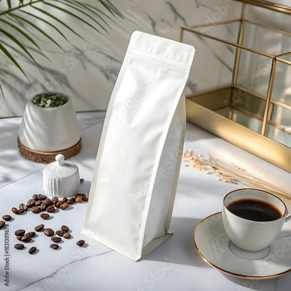 Obraz 
This AI-generated image is a clean, modern mockup featuring a tall, unmarked white stand-up pouch, commonly used for packaging products like milk powder or supplements.