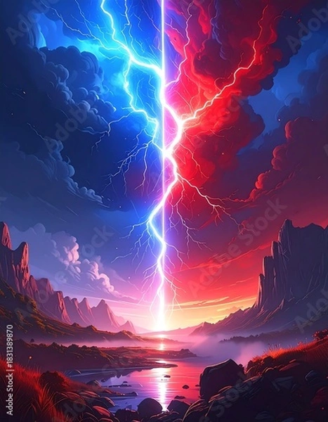 Obraz Dramatic landscape split by a celestial rift with electric blue and red
