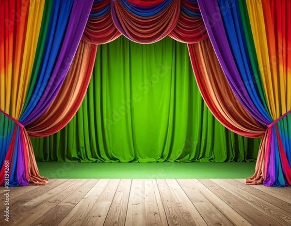 Fototapeta Empty stage with open rainbow-colored curtains and green backdrop