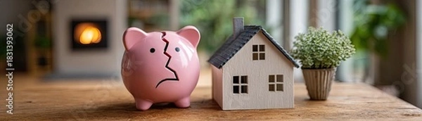 Obraz 3D scene shows house and finance concept. A broken piggy bank symbolizes financial challenges at home.