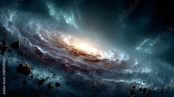 Fototapeta A luminous spiral galaxy swirls brightly in the depths of outer space, surrounded by scattered asteroids.
