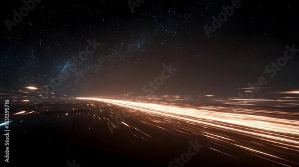 Fototapeta Streams of bright lights speed forward through a dark, starry night sky.