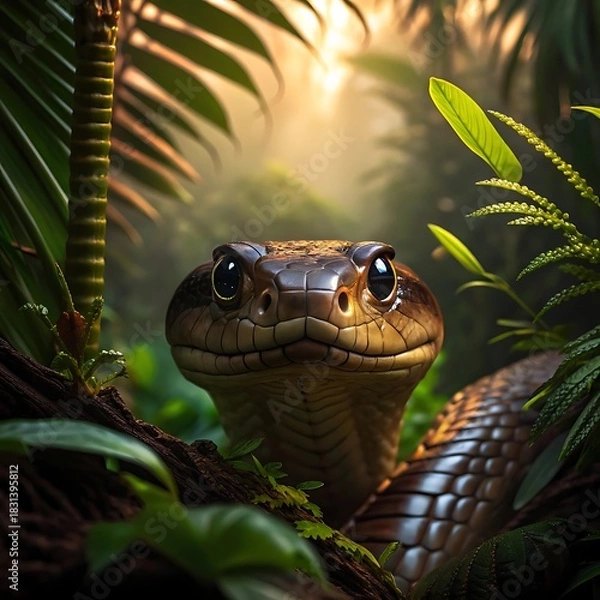 Obraz Close up of a snake s head peering through lush green jungle foliage
