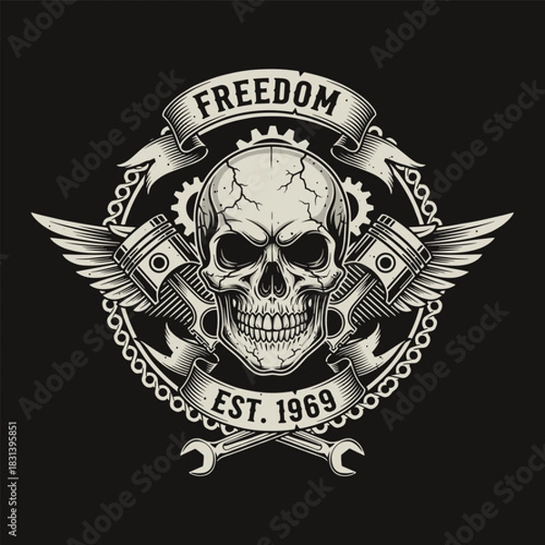 Obraz Vintage Biker Skull Emblem Design for Absolute Freedom
