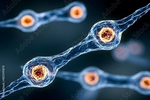 Fototapeta Elongated nerve cells with glowing central nuclei are connected in a blue, abstract microscopic environment.